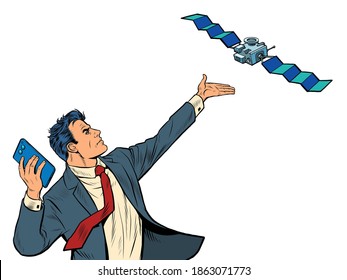 A businessman with a smartphone and global satellite Internet. isolate on a white background. Pop art retro illustration 50s 60s kitsch vintage style