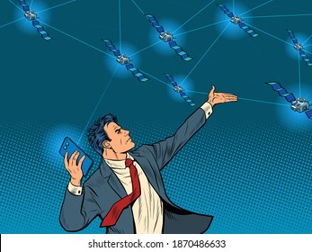 A businessman with a smartphone and global satellite Internet. Pop art retro illustration 50s 60s kitsch vintage style