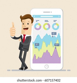 Businessman and smartphone with infographic on the screen. Businessman show thumb up. Vector, flat