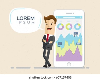 Businessman and smartphone with infographic on the screen. Lorem ipsum. Vector, flat