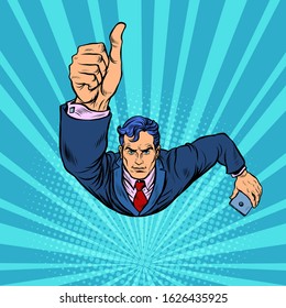 A businessman with a smartphone like, thumbs up. Flying like a superhero. Pop art retro vector illustration 50s 60s style