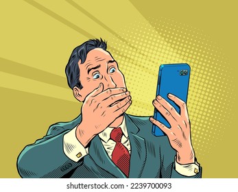 businessman with a smartphone. Man in panic, frightened surprise, bad news on the phone, internet communication video chat. Pop art retro vector illustration 50s 60s vintage kitsch style