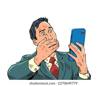 businessman with a smartphone. Man in panic, frightened surprise, bad news on the phone, internet communication video chat. Pop art retro vector illustration 50s 60s vintage kitsch style