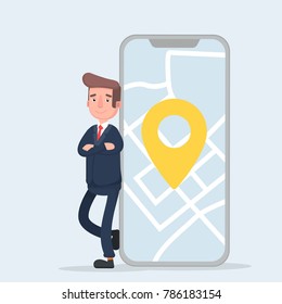 Businessman and smartphone with map on the screen. Vector illustration of a flat design.