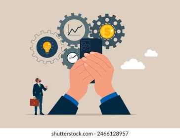 Businessman with smartphone optimize cost and expense for better profit strategy. Flat vector illustration
