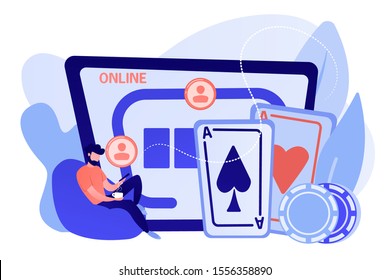 Businessman with smartphone playing poker online and casino table with cards and chips. Online poker, internet gambling, online casino rooms concept. Pinkish coral bluevector isolated illustration