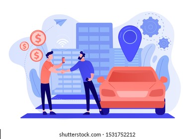 Businessman with smartphone rents a car in the street via carsharing service. Carsharing service, short periods rent, best taxi alternative concept. Pinkish coral bluevector isolated illustration