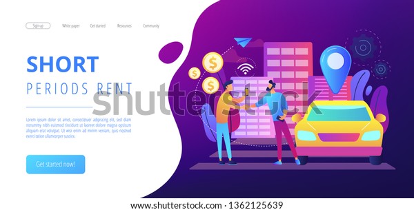 Businessman with smartphone rents a car in the
street via carsharing service. Carsharing service, short periods
rent, best taxi alternative concept. Website vibrant violet landing
web page template.