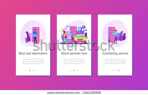 Businessman with smartphone rents a car in the\
street via carsharing service. Carsharing service, short periods\
rent, best taxi alternative concept. Mobile UI UX GUI template, app\
interface\
wireframe