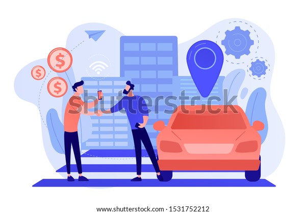 Businessman with smartphone rents a car in\
the street via carsharing service. Carsharing service, short\
periods rent, best taxi alternative concept. Pinkish coral\
bluevector isolated\
illustration