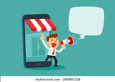 Businessman in smartphone screen with online store talking in megaphone. Online shopping advertisement business concept.