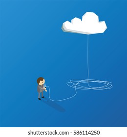 Businessman with smartphone sending data to cloud computing storage. Technology vector background. 