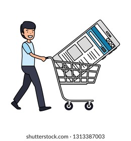 businessman with smartphone in shopping cart