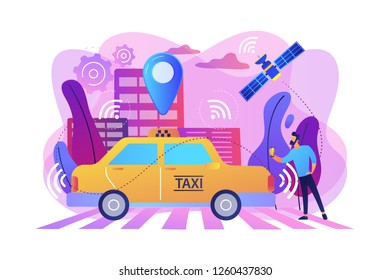 Businessman with smartphone taking driverless taxi with sensors and location pin. Autonomous taxi, self-driving taxi, on-demand car service concept. Bright vibrant violet vector isolated illustration