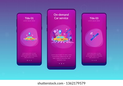 Businessman with smartphone taking driverless taxi with sensors and location pin. Autonomous taxi, self-driving taxi, on-demand car service concept. Mobile UI UX GUI template, app interface wireframe