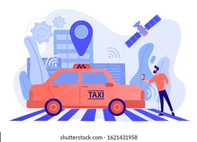 Businessman with smartphone taking driverless taxi with sensors and location pin. Autonomous taxi, self-driving taxi, on-demand car service concept. Pinkish coral bluevector isolated illustration