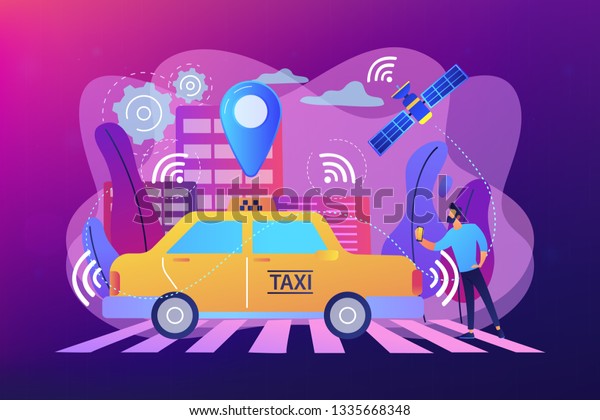 Businessman with smartphone taking\
driverless taxi with sensors and location pin. Autonomous taxi,\
self-driving taxi, on-demand car service concept. Bright vibrant\
violet vector isolated\
illustration