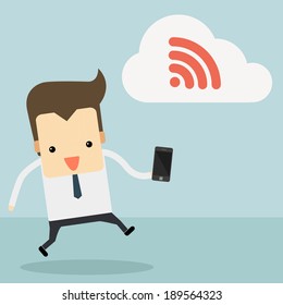 businessman with smartphone and wifi cloud vector