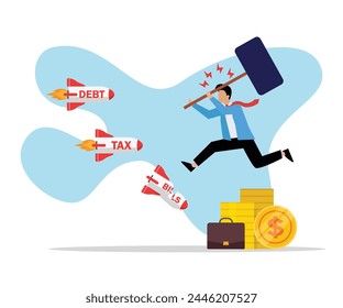 Businessman smashes burden of debt, tax and bills 2d flat vector illustration