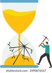 Businessman smashes hourglass using sledgehammer. Deadline or time management. Final countdown. Flat vector illustration

