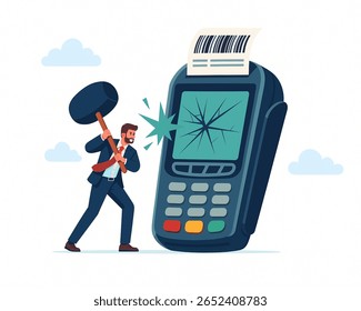 Businessman smashes POS terminal with a hammer showing frustration, finance failure, and retail decline symbolizing struggle with modern payment solutions.