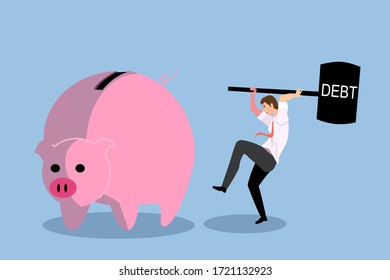 A businessman is smashing  A giant piggy bank by a hammer of debt.
