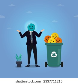 Businessman with smile emoticon head and the other emoticon are in trash. Face expression, fake emotion vector illustration 