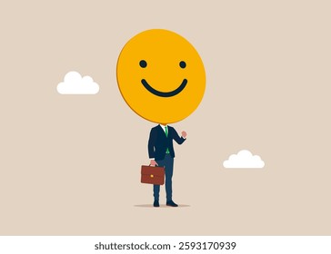 Businessman with a smile of a head on shoulders. Happiness and positive thinking, optimism or motivation to live happy life concept. Flat vector illustration. 