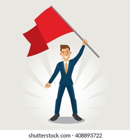 Businessman smile and waving flag success cartoon