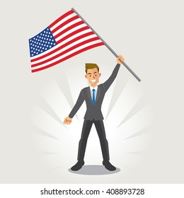 Businessman smile and waving flag of USA cartoon