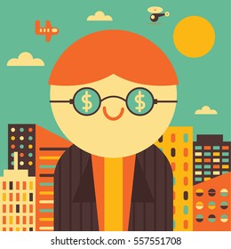 A businessman smiles while looking at a money symbol reflected on his sunglasses. The city stands at his back.