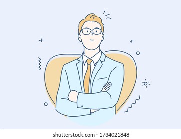 Businessman smiling and confident. Concept of leadership. Hand drawn in thin line style, vector illustrations.
