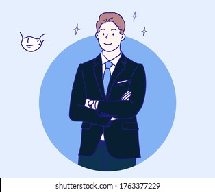 Businessman Smiling And Confident. Concept Of Leadership. Hand Drawn In Thin Line Style, Vector Illustrations.  (A Mask Can Be Removable)