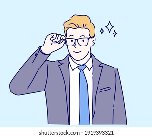 Businessman smiling and confident. Concept of leadership. Hand drawn in thin line style, vector illustrations.