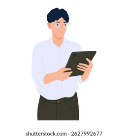 Businessman with smiling face in hand holding tablet using for research, entrepreneurship analysis, education or online communication concept. Man controlling and managing with technology. Vector illu
