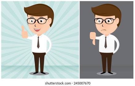 Businessman smiling and giving the thumbs up and thumbs down cartoon vector illustration