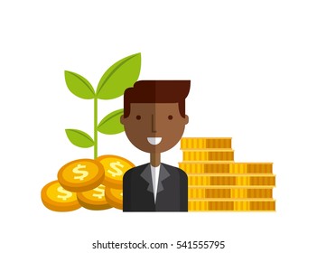 businessman smiling and moneygold coins over white  background. colorful design. vector illustration