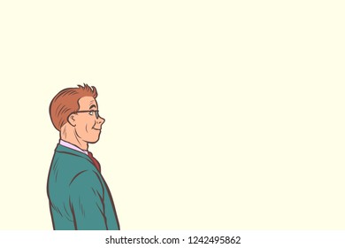 Businessman smiling in profile. Comic cartoon pop art retro vector illustration drawing