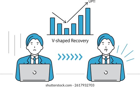 Businessman smiling and rejoicing with V-shaped recovery graph