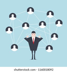 Businessman smiling and show thumb up sign with social network connection map.
