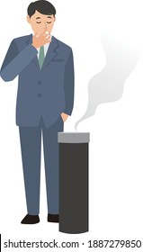 A businessman smoking a cigarette in front of an ashtray