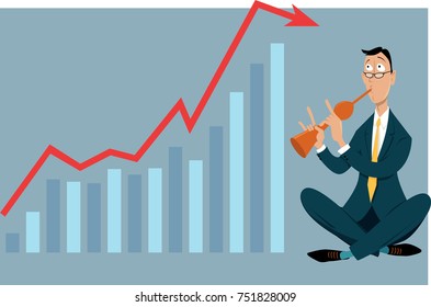 Businessman snake charmer trying to influence a graph representing a business data, EPS 8 vector illustration