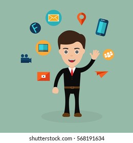 Businessman with social media and online marketing vector illustration.
