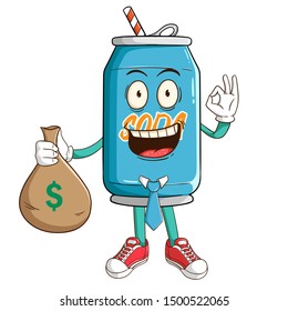 Businessman of soda can cartoon character holding bag full of money with ok hand sign and funny smile face