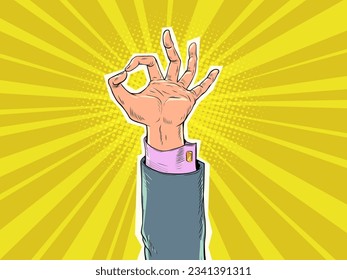 The businessman solved any problem. Help business in any situation. The hand of a man in a suit shows an ok sign. Pop Art Retro Vector Illustration Kitsch Vintage 50s 60s Style