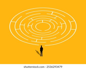 Businessman solves maze puzzle. vector 