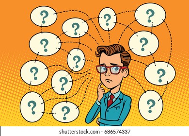 Businessman solves the problem, questions and reflections