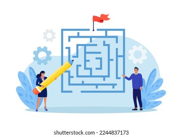 Businessman solving business problem, searching for labyrinth exit plan. People drawing path from question to answer. Business strategy, planning and skill to overcome challenges to reach success