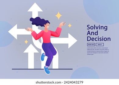 Businessman with solving and decision. Choice way concept. Businessman before choosing. woman and arrows on concrete background. Different direction and success concept. career path. vector