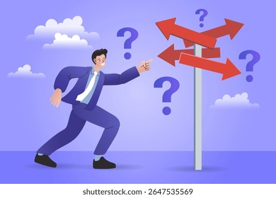 Businessman with solving and decision. Choice way concept. Businessman before choosing. woman and arrows on concrete background. Different direction and success concept. career path. vector